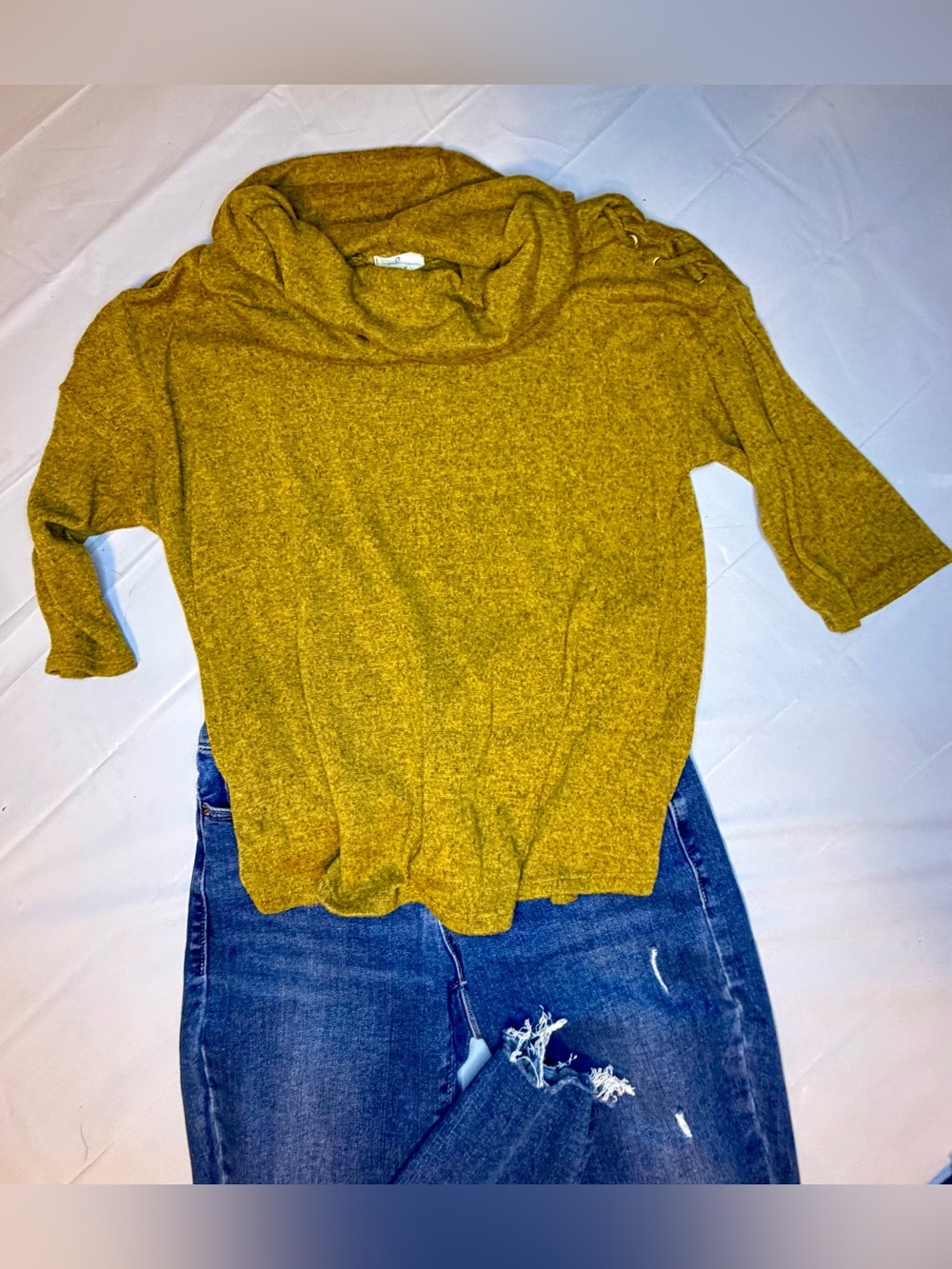 Women's Mustard Cowl Neck Short Sleeve Sweater